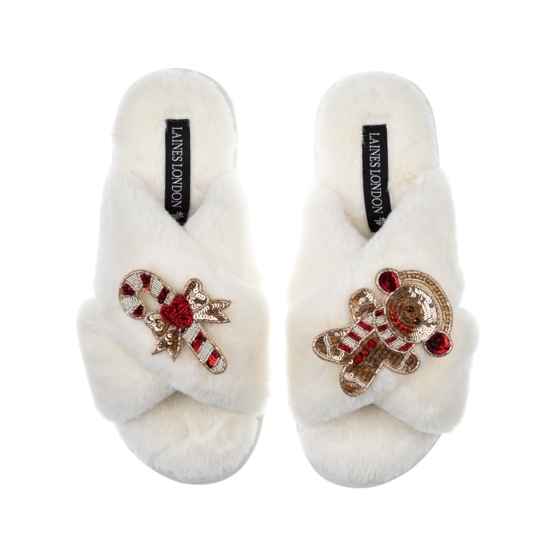 Classic Laines Slippers With Red & Silver Pucker Up Brooches