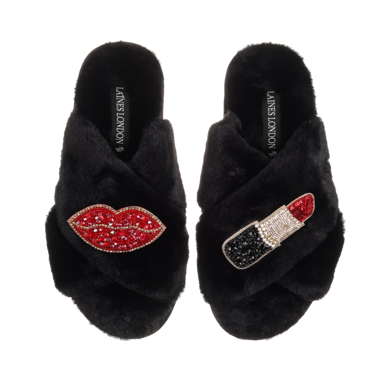 Classic Laines Slippers With Red & Gold Pucker Up Brooches - Black by  LAINES LONDON