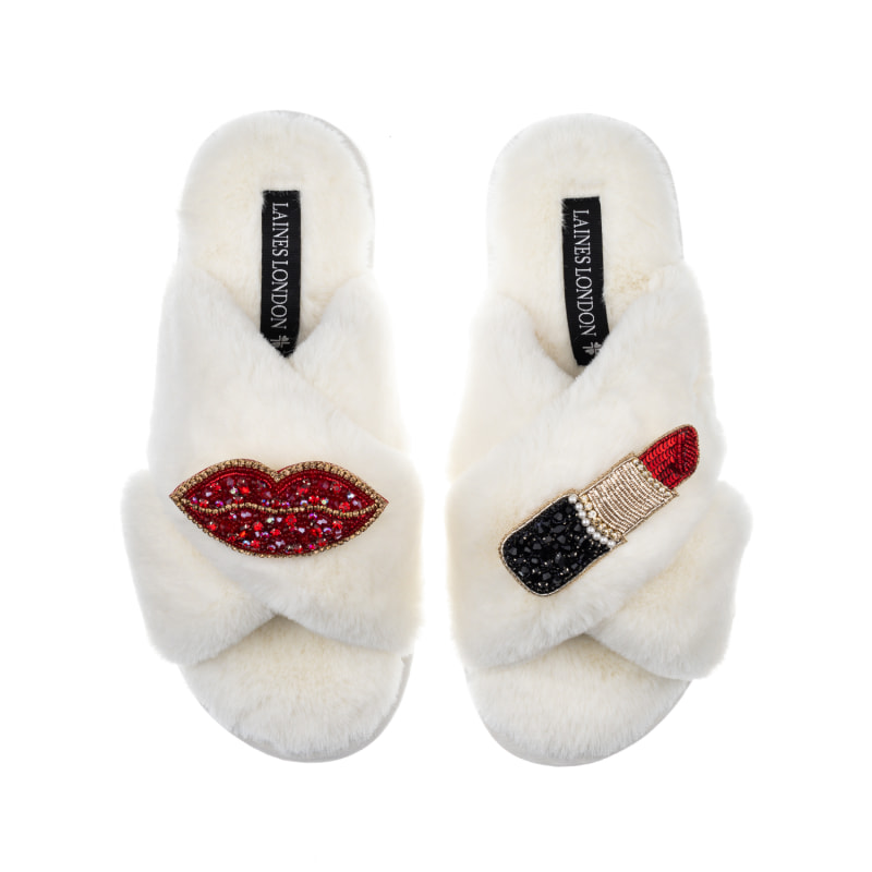Classic Laines Slippers With Red & Gold Pucker Up Brooches - Cream, LAINES  LONDON