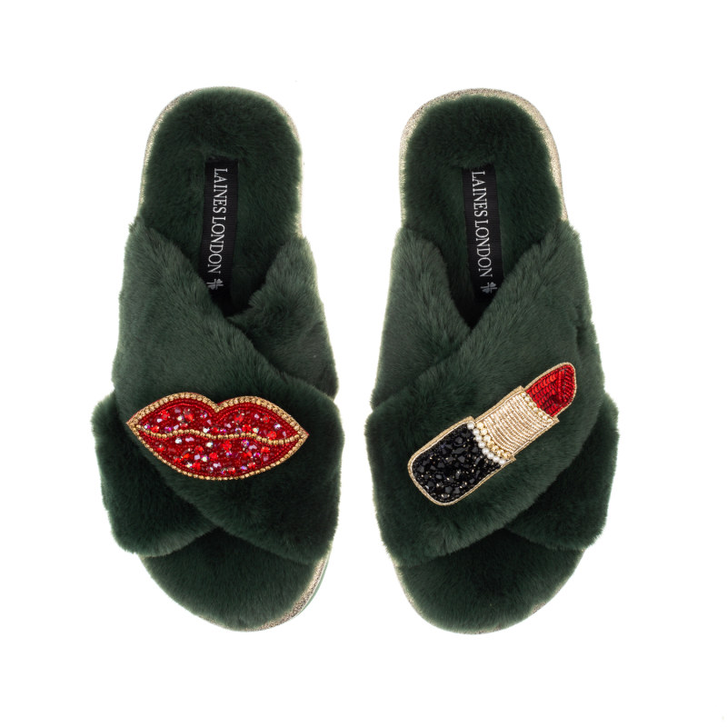 Classic Laines Slippers With Red & Gold Pucker Up Brooches - Cream