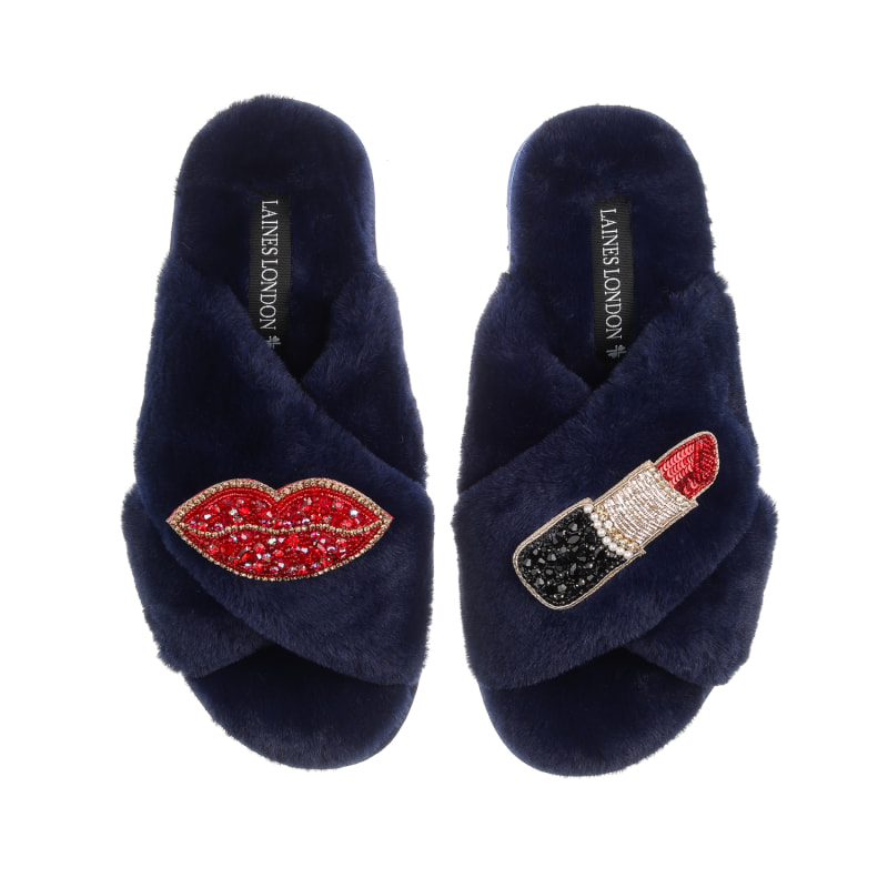 Classic Laines Slippers With Red & Gold Pucker Up Brooches - Navy, LAINES  LONDON