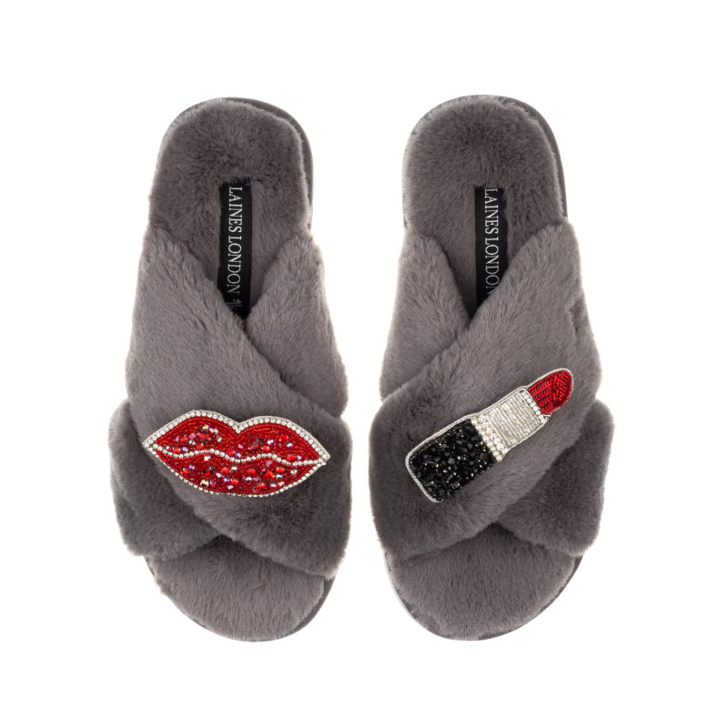 Classic Laines Slippers With Red & Silver Pucker Up Brooches - Grey, LAINES LONDON