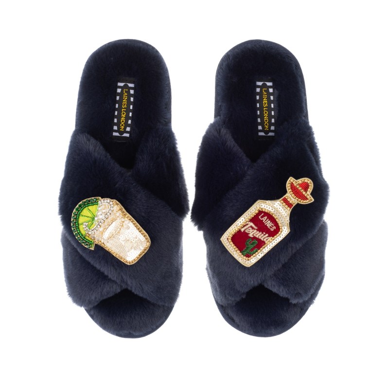 Classic Laines Slippers With Tequila Slammer Brooches - Navy | LAINES LONDON  | Wolf & Badger