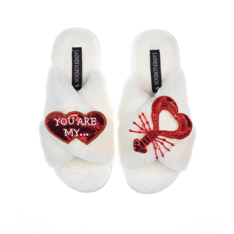 Classic Laines Slippers With You Are My Lobster Brooches - Cream by LAINES  LONDON