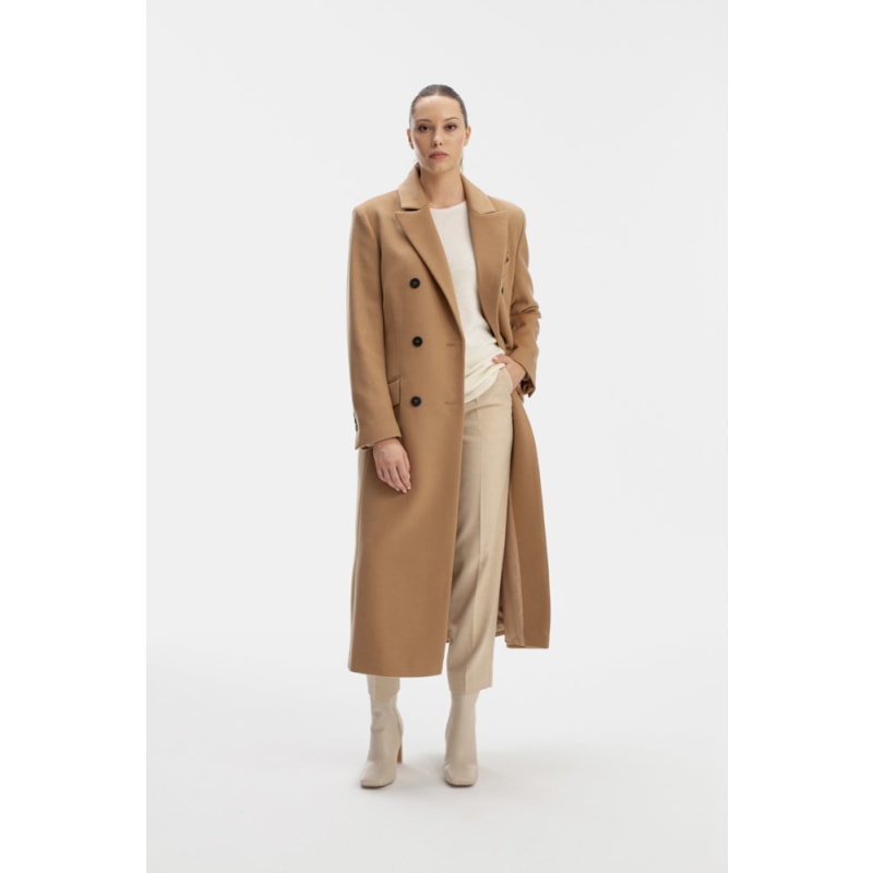 Camel mid length coat deals