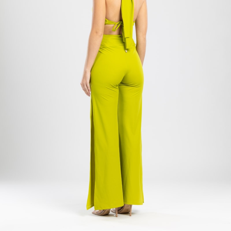 Thumbnail of Cleo High Waisted Stretch Wide Leg Pants With Side Slit In Lime Green image