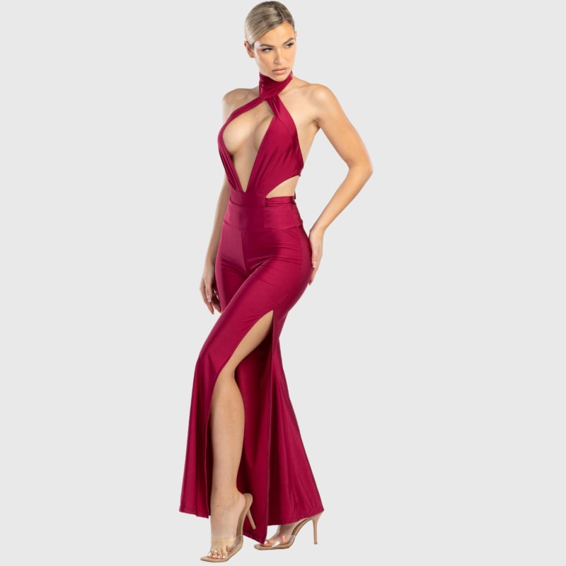 Thumbnail of Cleo High Waisted Stretch Wide Leg Pants With Side Slit In Red image