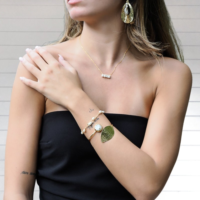 Thumbnail of Cleopatra Gold Leaf & Pearl Stone Cuff Bracelet - Gold image