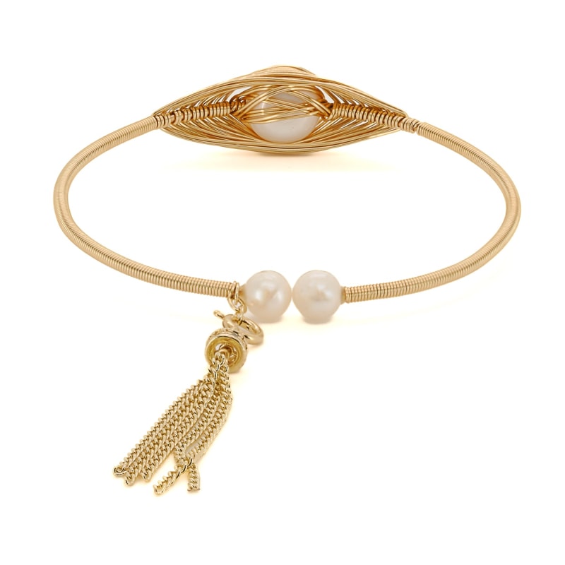 Thumbnail of Cleopatra Gold & Pearl Tassel Cuff Bracelet - Gold image