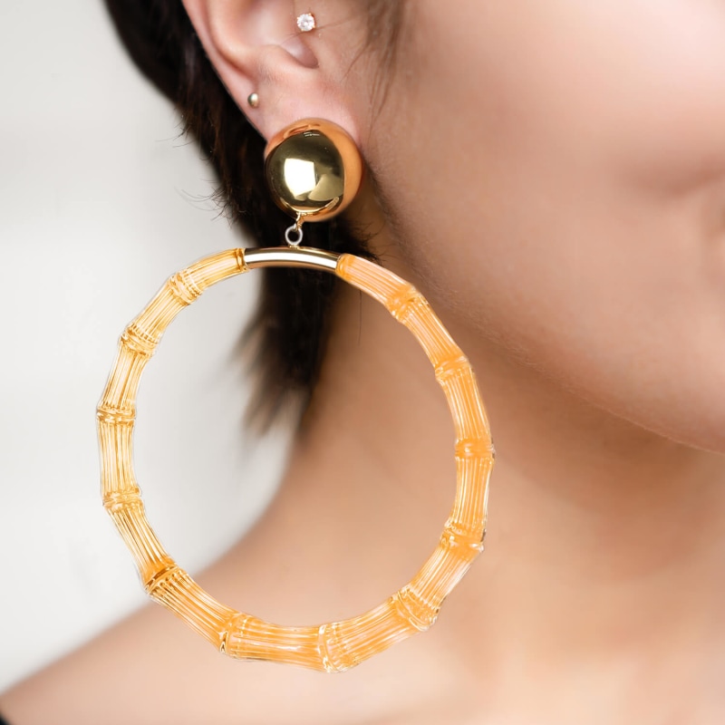 Clip On Xl Honey Lucite Bamboo Hoops, Gold & Honey