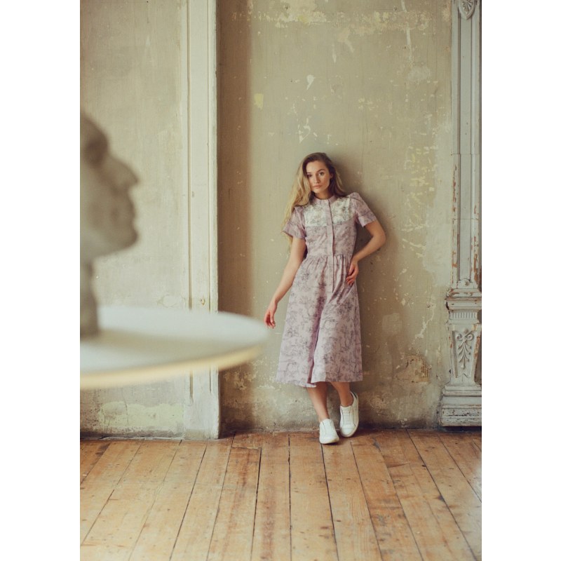 Thumbnail of Clover Shirt Dress In Lilac + Vintage White Toile Print Cotton Voile image