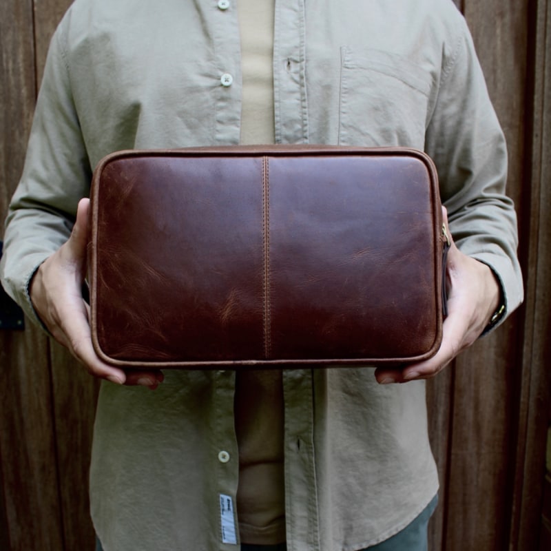 Thumbnail of Cognac Leather Top Zip Wash Bag image