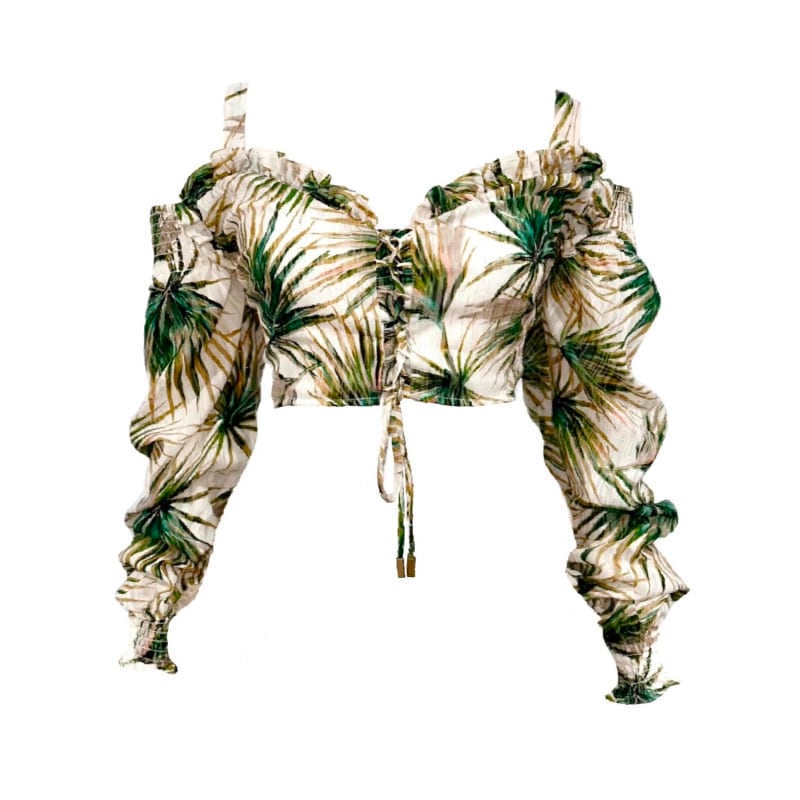 Thumbnail of Cold Shoulder Long Sleeve Tropical Print Crop Top image