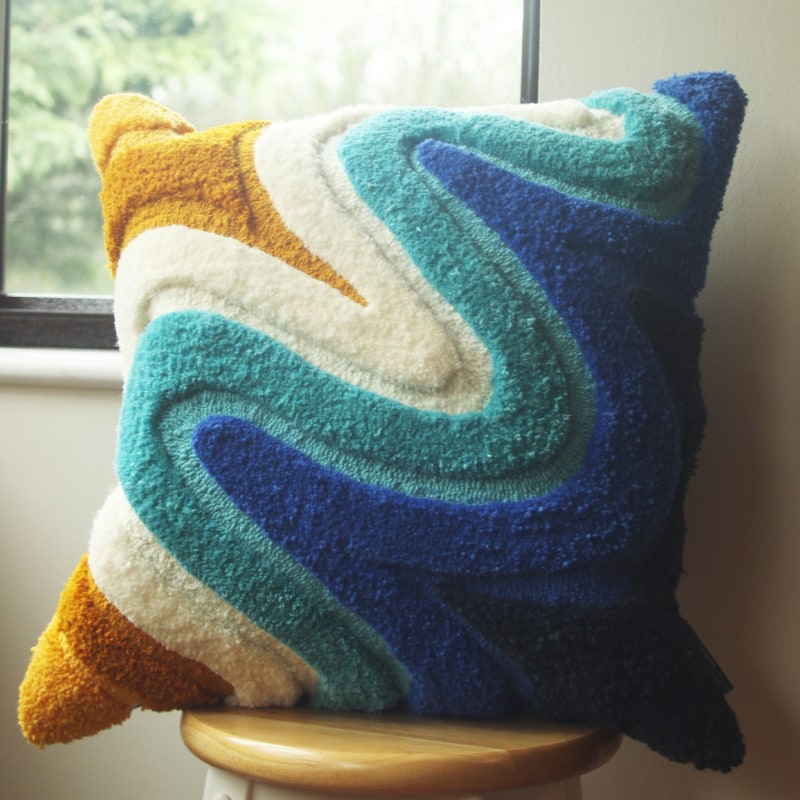 Thumbnail of Colourful Tufted Cushion - Large Teal & Ochre Wavy image