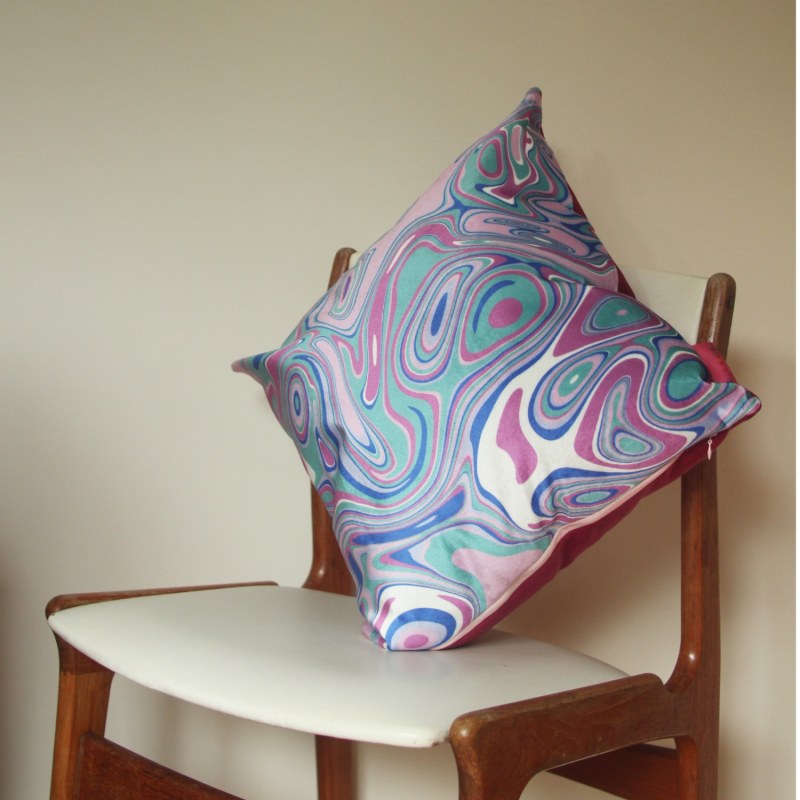 Thumbnail of Colourful Velvet Cushion - Groovy Green & Pink image