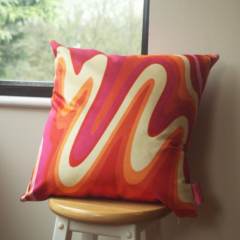 Thumbnail of Colourful Velvet Cushion - Groovy Pink & Cream image