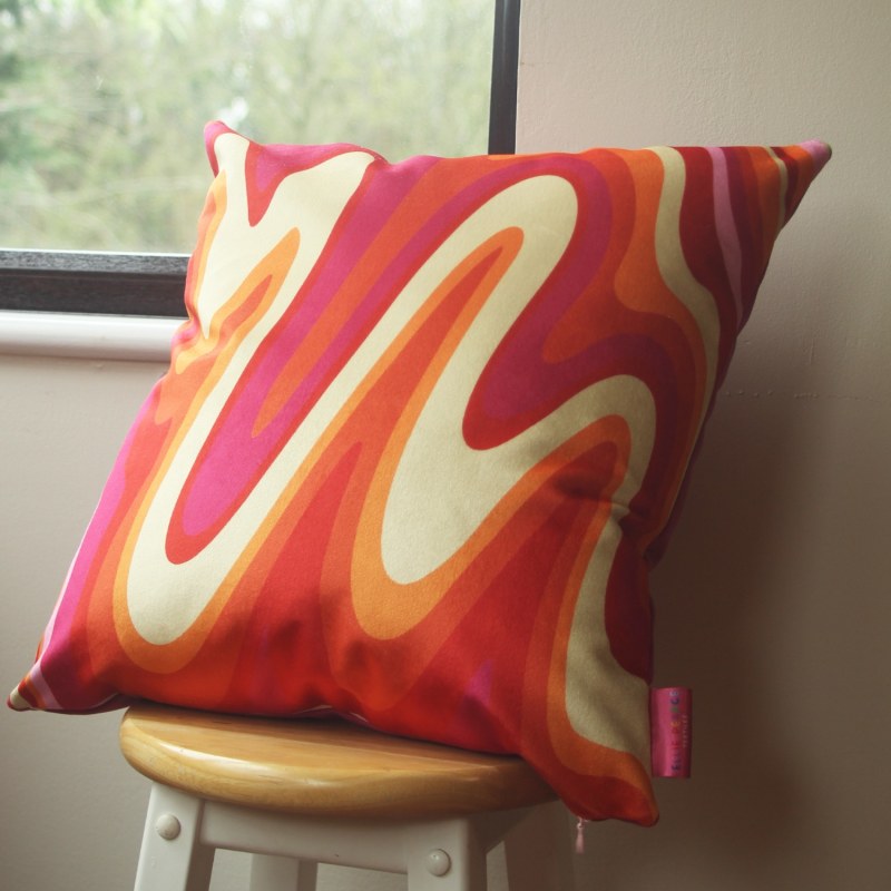 Thumbnail of Colourful Velvet Cushion - Groovy Pink & Cream image