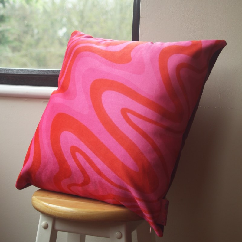 Thumbnail of Colourful Velvet Cushion - Pink & Red Wavy image