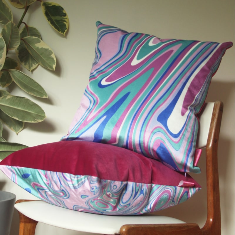 Thumbnail of Colourful Velvet Cushion - Wavy Green & Pink image