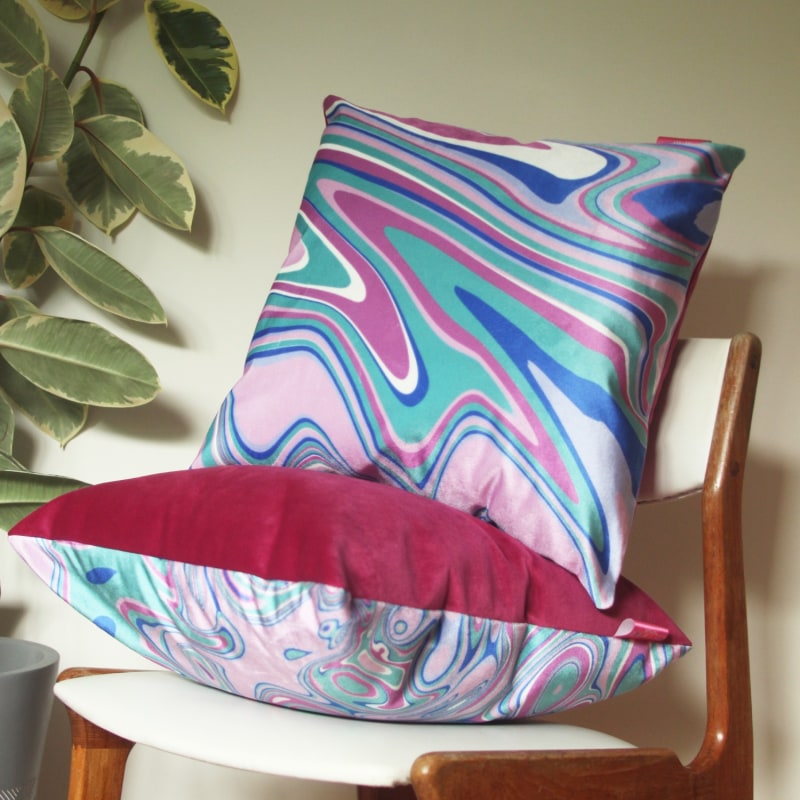 Thumbnail of Colourful Velvet Cushion - Wavy Green & Pink image