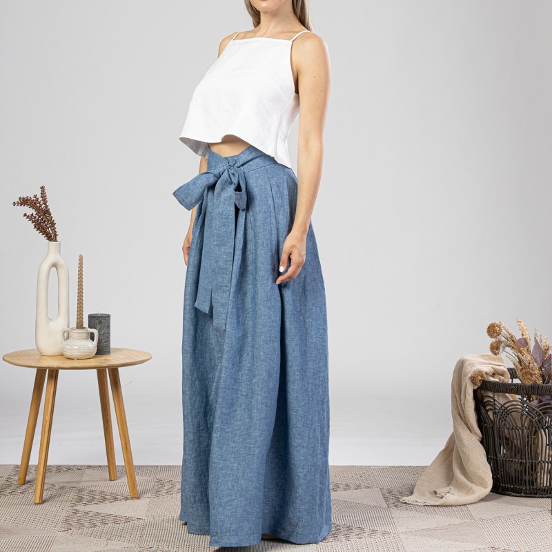 Wide Leg Baggy Linen Pants With High Waist And Front Tie In Wide Leg Baggy Linen Pants With High Waist And Front Tie In