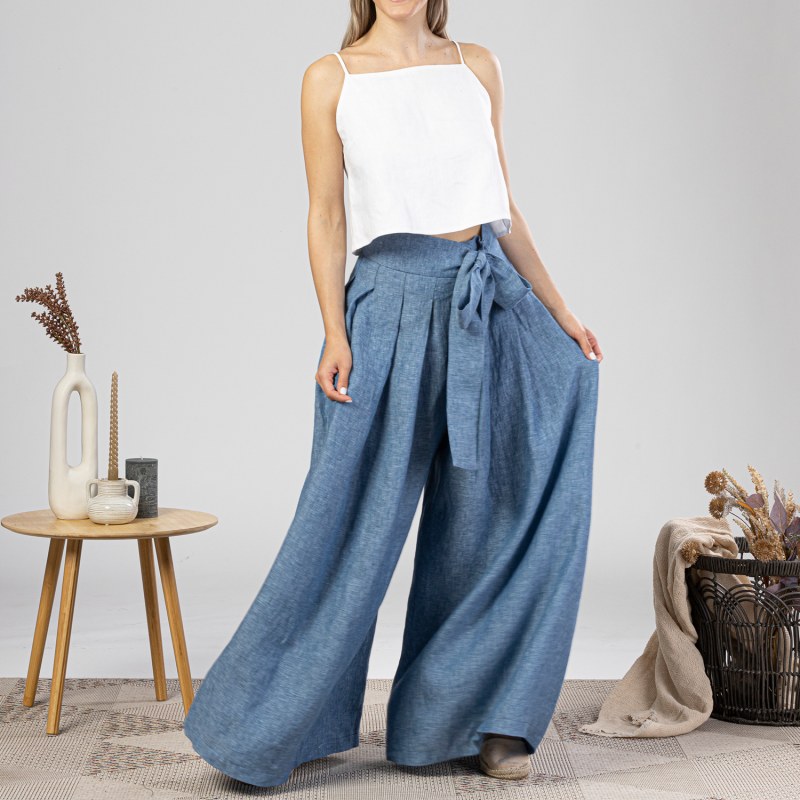 Wide Leg Baggy Linen Pants With High Waist And Front Tie In Wide Leg Baggy Linen Pants With High Waist And Front Tie In