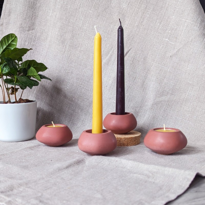 Thumbnail of Concrete Tealight Candle Holders And Beeswax Candles Gift Set - Red Ochre image