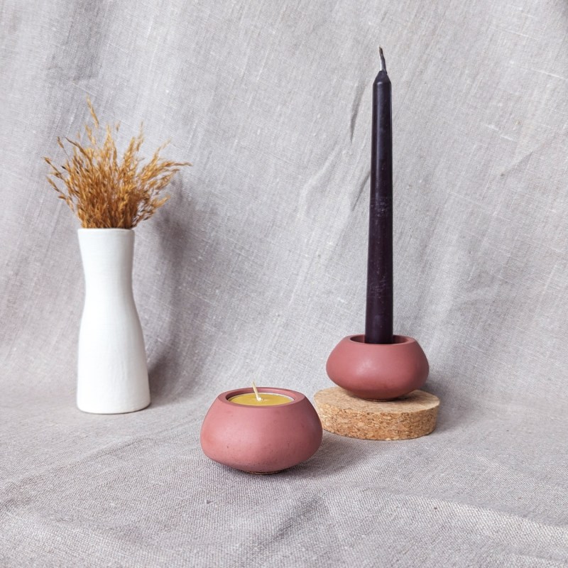 Thumbnail of Concrete Tealight Candle Holders And Beeswax Tealights Gift Set - Red Ochre image