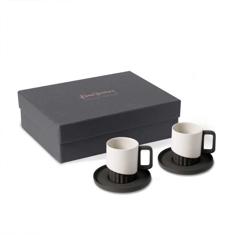 Espresso Cups With Saucers, Matte Black and White, Handmade