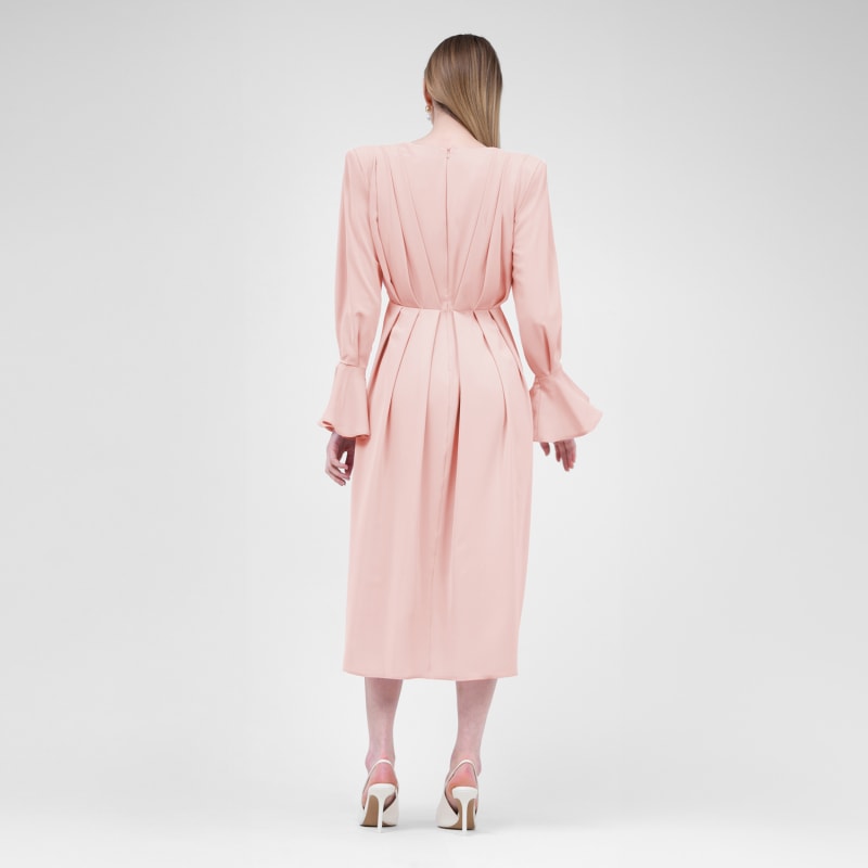 Thumbnail of Coral Midi Dress With Pleats And Proeminent Shoulders image