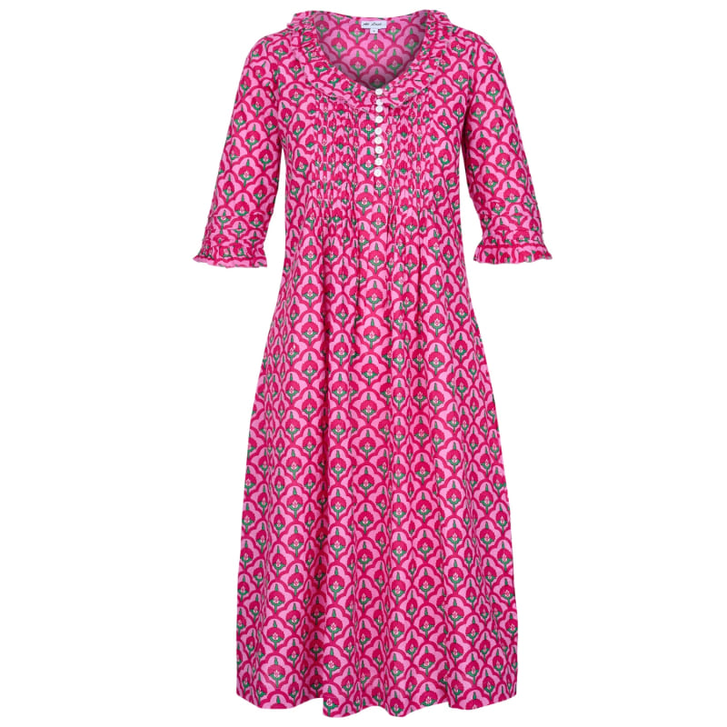 Thumbnail of Cotton Karen 3/4 Sleeve Day Dress In Pink & Green Moroccan image