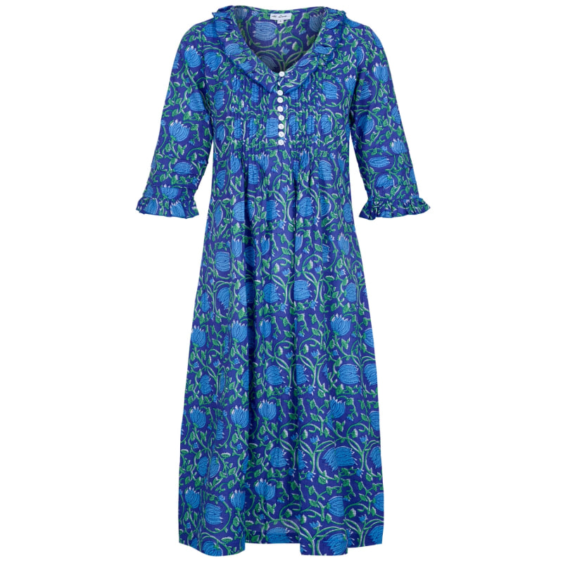 Thumbnail of Cotton Karen 3/4 Sleeve Day Dress In Royal Blue With Blue & Green Flower image