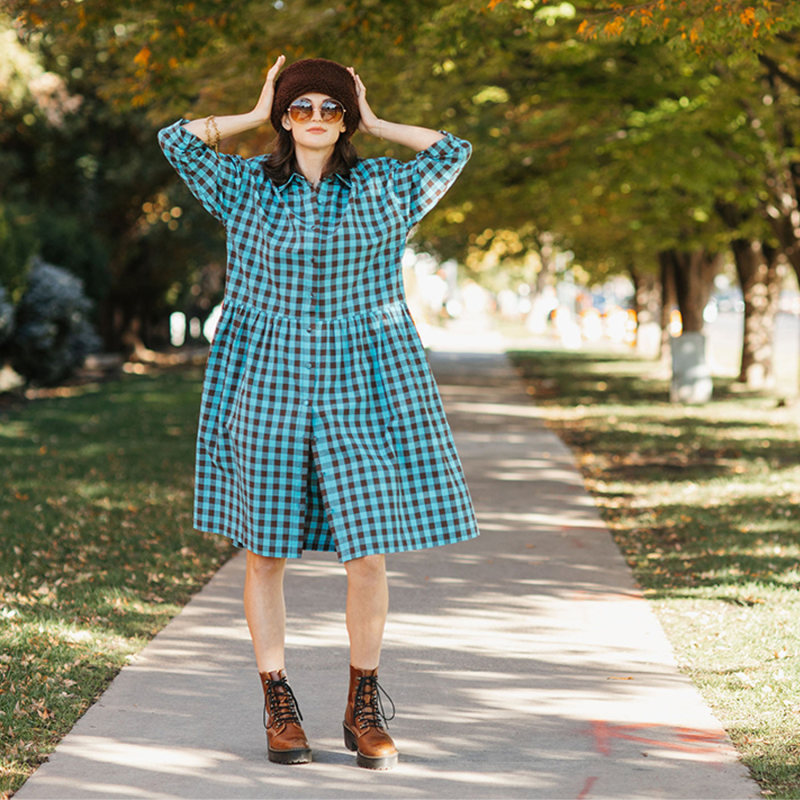 Thumbnail of Cotton Linen Gingham Shirt Dress Brown & Turquoise image