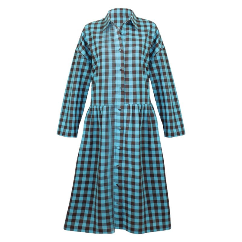 Thumbnail of Cotton Linen Gingham Shirt Dress Brown & Turquoise image