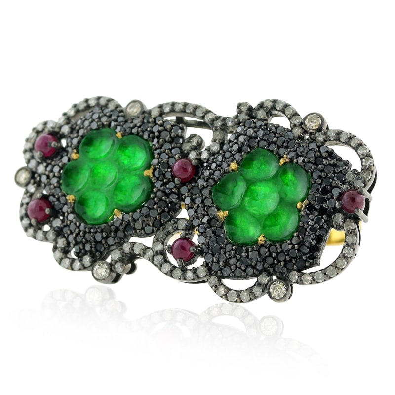 Thumbnail of Two Finger Ring 18K Gold 925 Sterling Silver In Carving Jade & Ruby Pave Diamond image