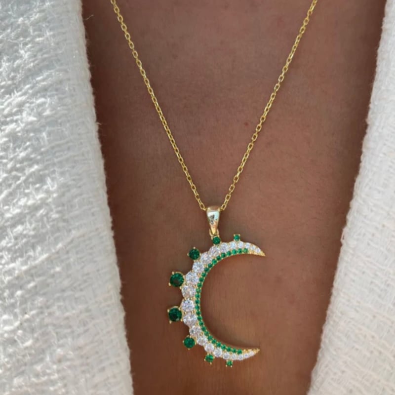 Thumbnail of Crescent Moon Necklace Emerald Stone White Topaz Moon Phase Pendant image