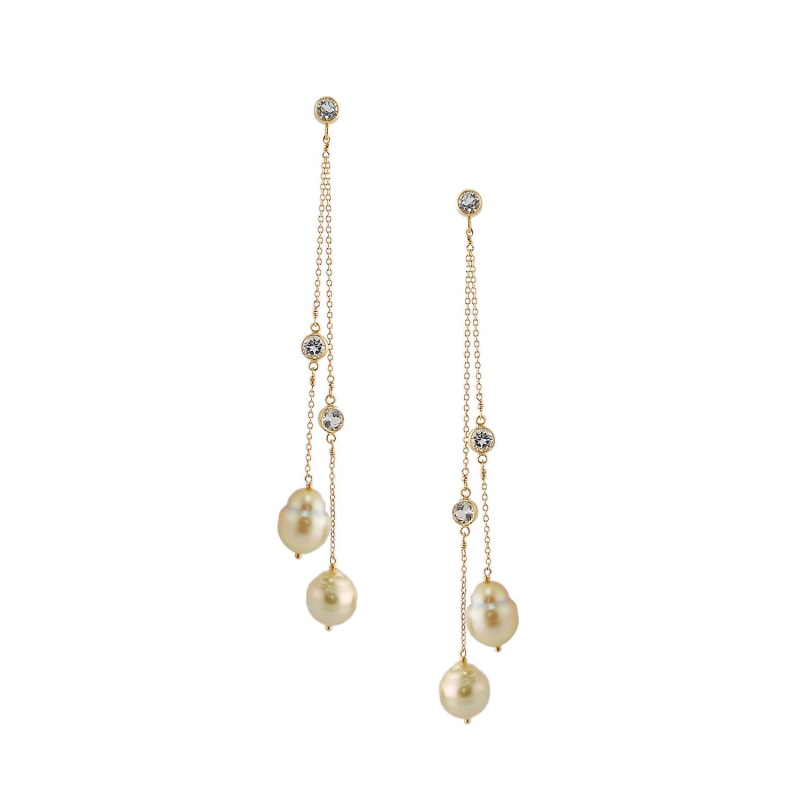 Thumbnail of Double Strand Golden South Sea Pearl & White Topaz Long Earring image