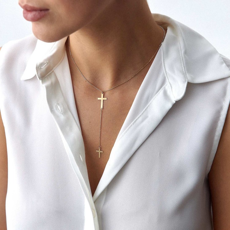 Cross lariat necklace gold sales