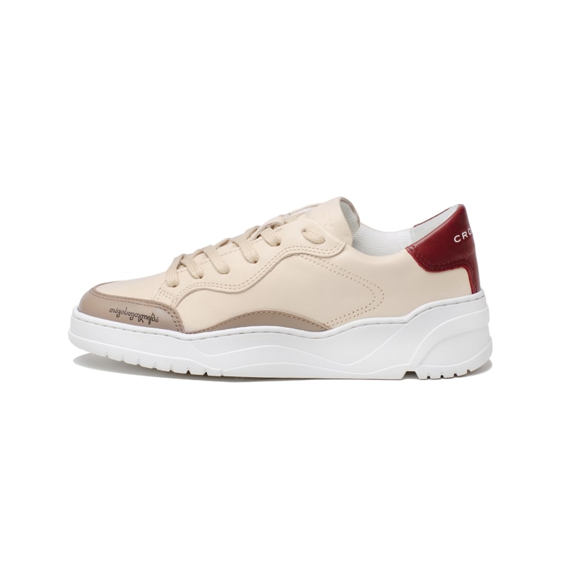 Neutrals / Brown / Red Crosty Onda Women’s Designer Sneakers - Beige Italian Leather - Brown & Burgundy Accents | 4 UK