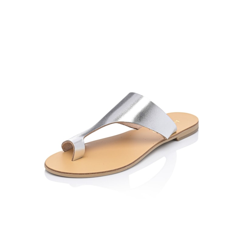 Thumbnail of Celaeno Silver Leather Contemporary Fashion Flip Flops With Toe Ring – Women’S Leather Slide Sandal image