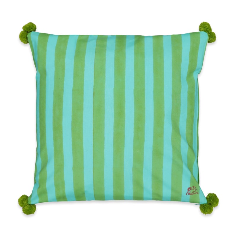 Thumbnail of Cushion Cover With Pompom Detail In Aqua Blue And Moss Green Cabana Stripe Block Print On Organic Cotton image