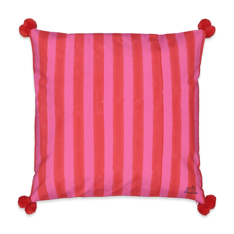Thumbnail of Cushion Cover With Pompom Detail In Pink And Red Cabana Stripe Block Print On Organic Cotton image