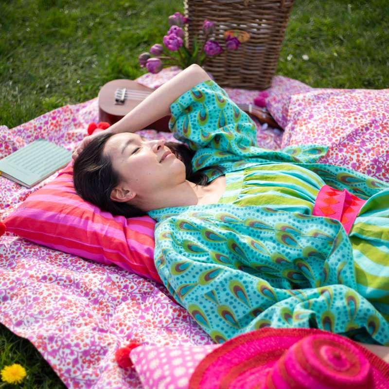 Thumbnail of Cushion Cover With Pompom Detail In Pink And Red Cabana Stripe Block Print On Organic Cotton image