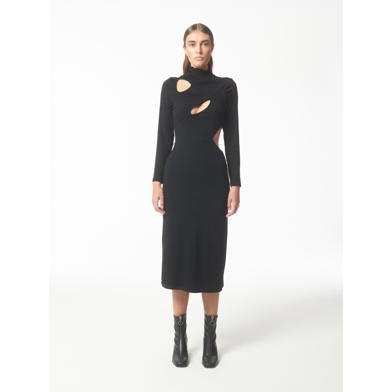 STRETCH KNIT MIDI DRESS - Black