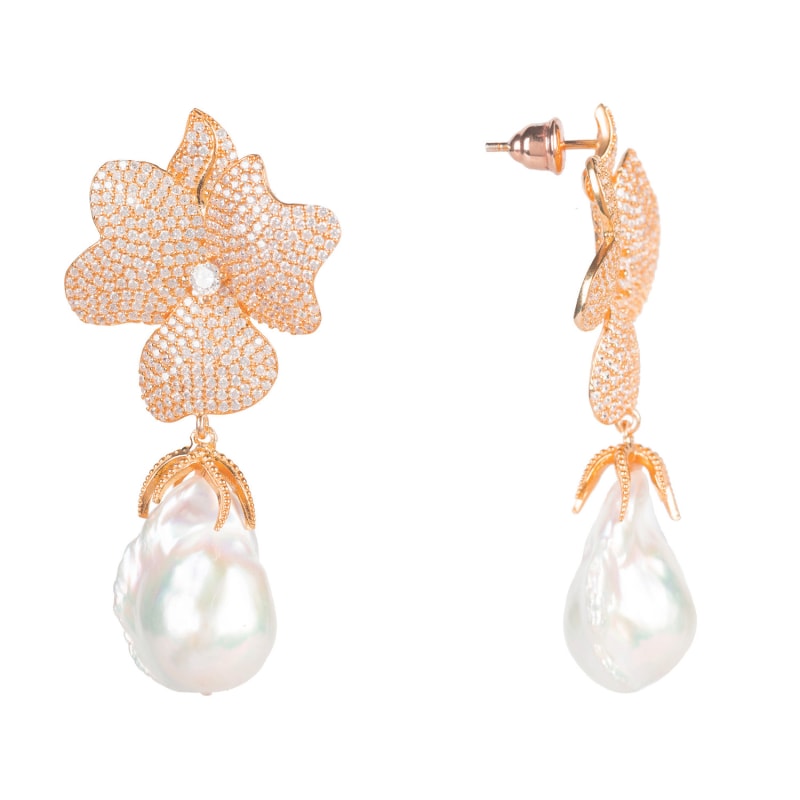 Thumbnail of Baroque Pearl White Flower Drop Earrings Rosegold image