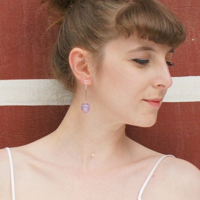 Thumbnail of Iridescent Cherry Drop Earrings in Lilac with Sterling Silver Stems image