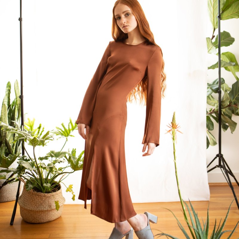 Thumbnail of Nina Midi Dress In Sugar Almond Brown Silk image