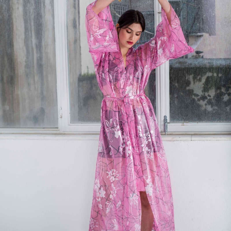 Thumbnail of Silk Kimono In Silver & Pink image