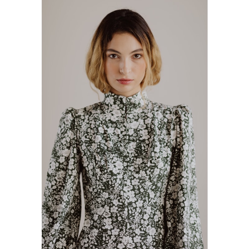 Thumbnail of Jane High Neck Empire Mini Dress With Hook & Eye Detail & Blouson Sleeves In Forest Green & Milky White Floral Cotton image