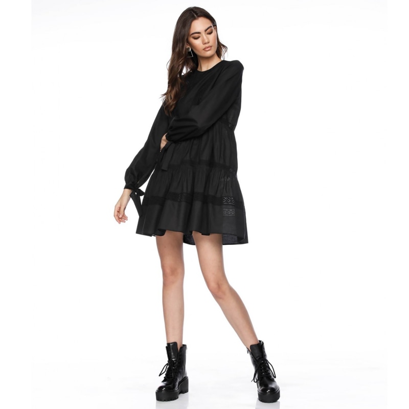 Thumbnail of Edith A Line Black Cotton Dress With Lace Insertions image